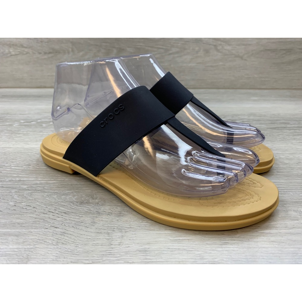 Crocs Serena Thong Sandals Black Tan T-Strap Flat Comfort Shoes Women's 7